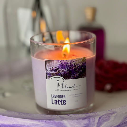 Lavender Latte Candle with layered wax in glass jar and bamboo lid, styled for gift-ready presentation