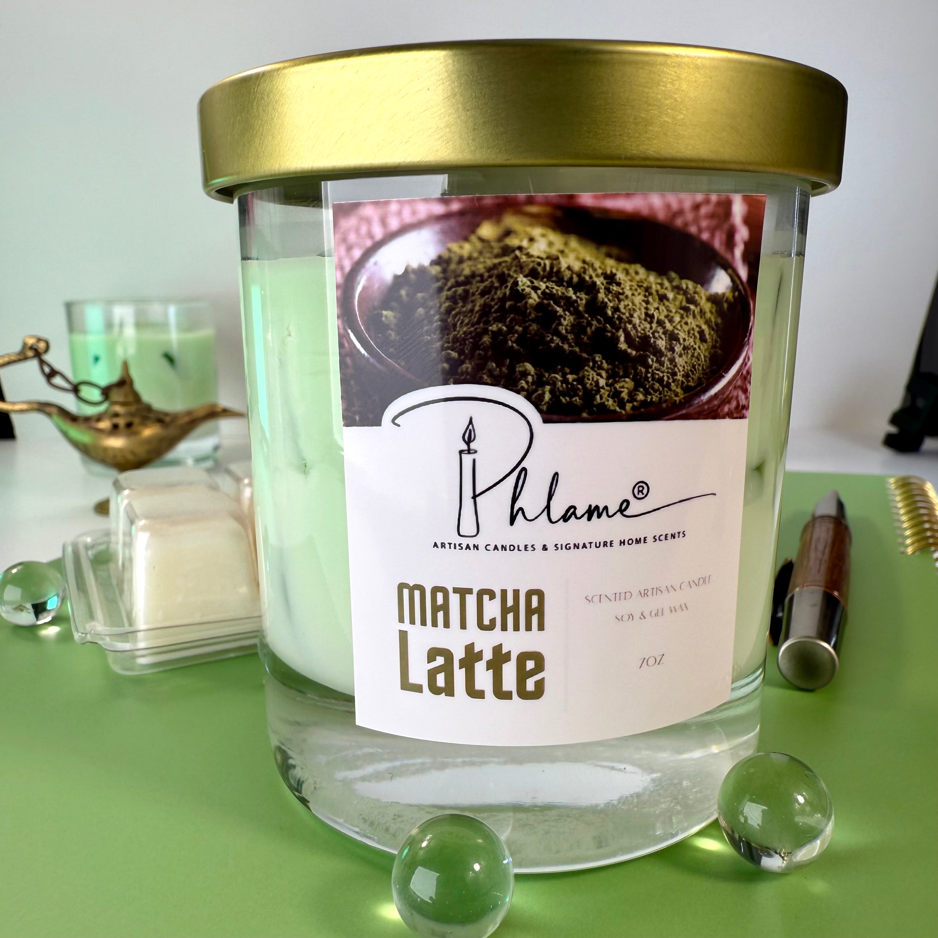 Matcha Latte Candle with green wax layers and lid, ideal for wellness and self-care gifts