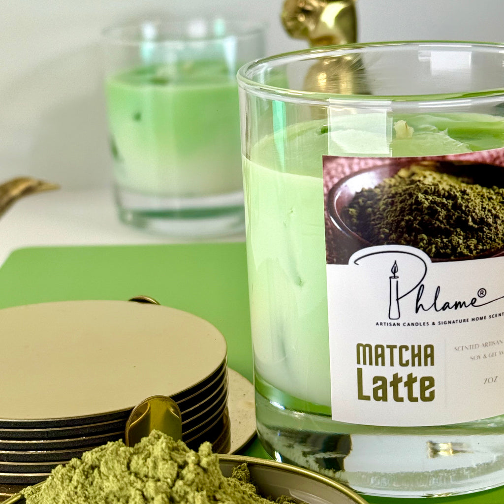 Matcha Latte Candle with green wax layers and lid, ideal for wellness and self-care gifts
