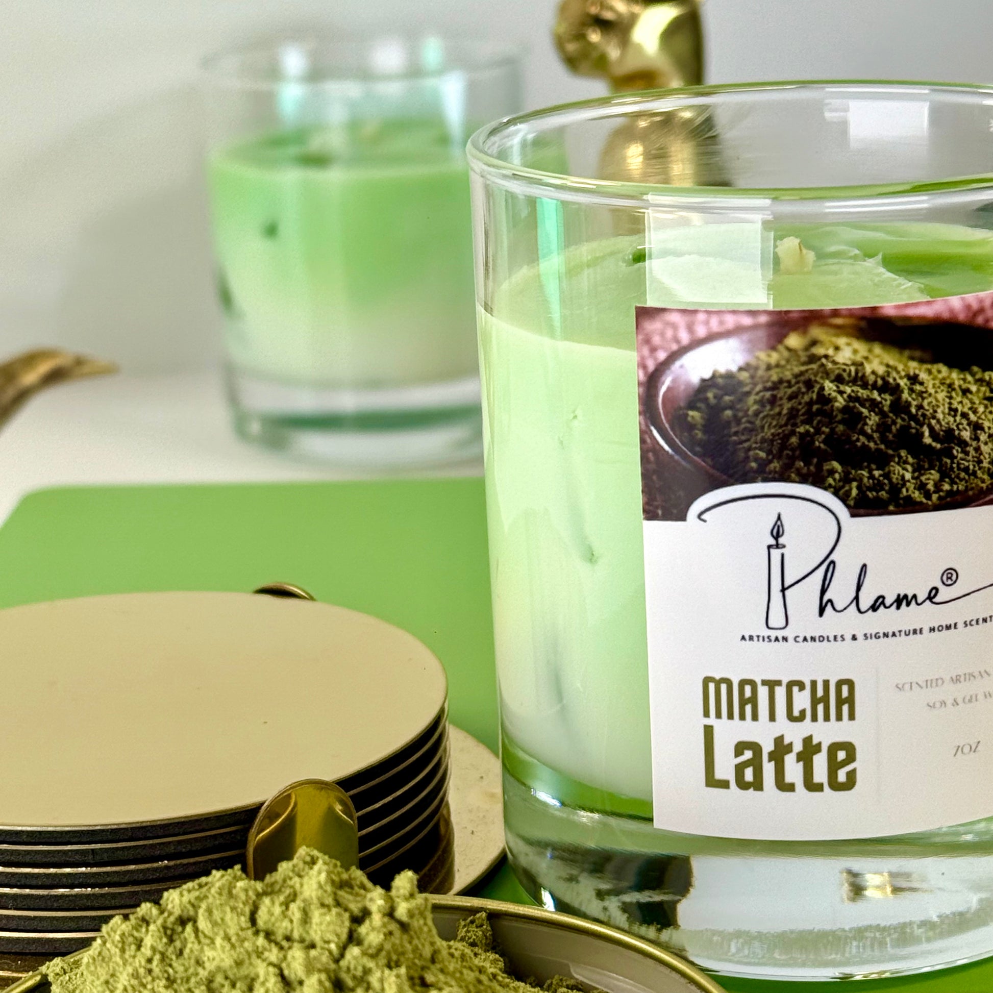 Matcha Latte Candle with green wax layers and lid, ideal for wellness and self-care gifts