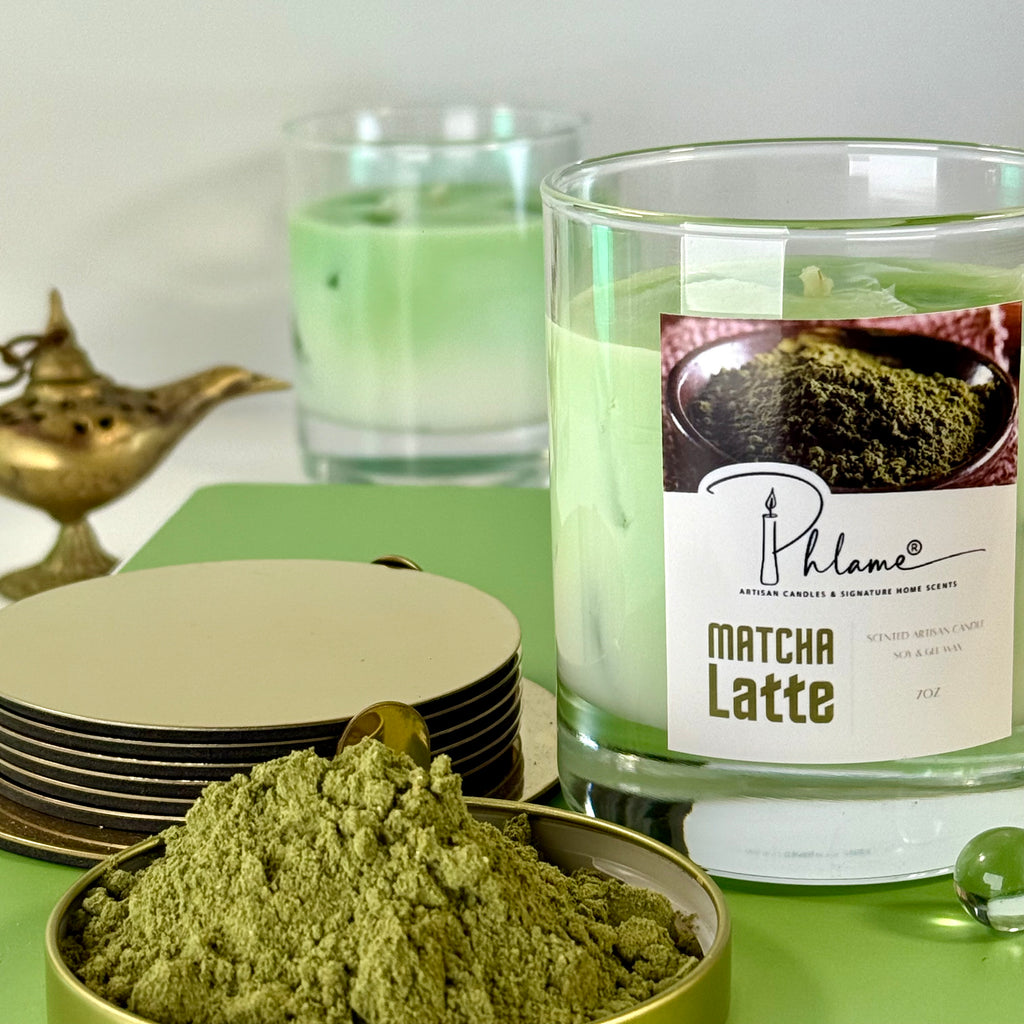Matcha Latte Candle with green wax layers and lid, ideal for wellness and self-care gifts