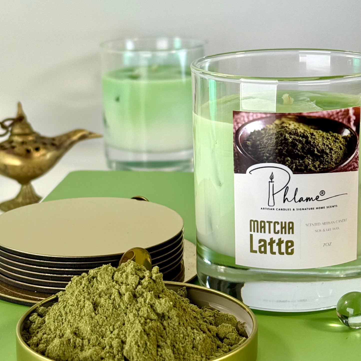 Matcha Latte Candle with green wax layers and lid, ideal for wellness and self-care gifts