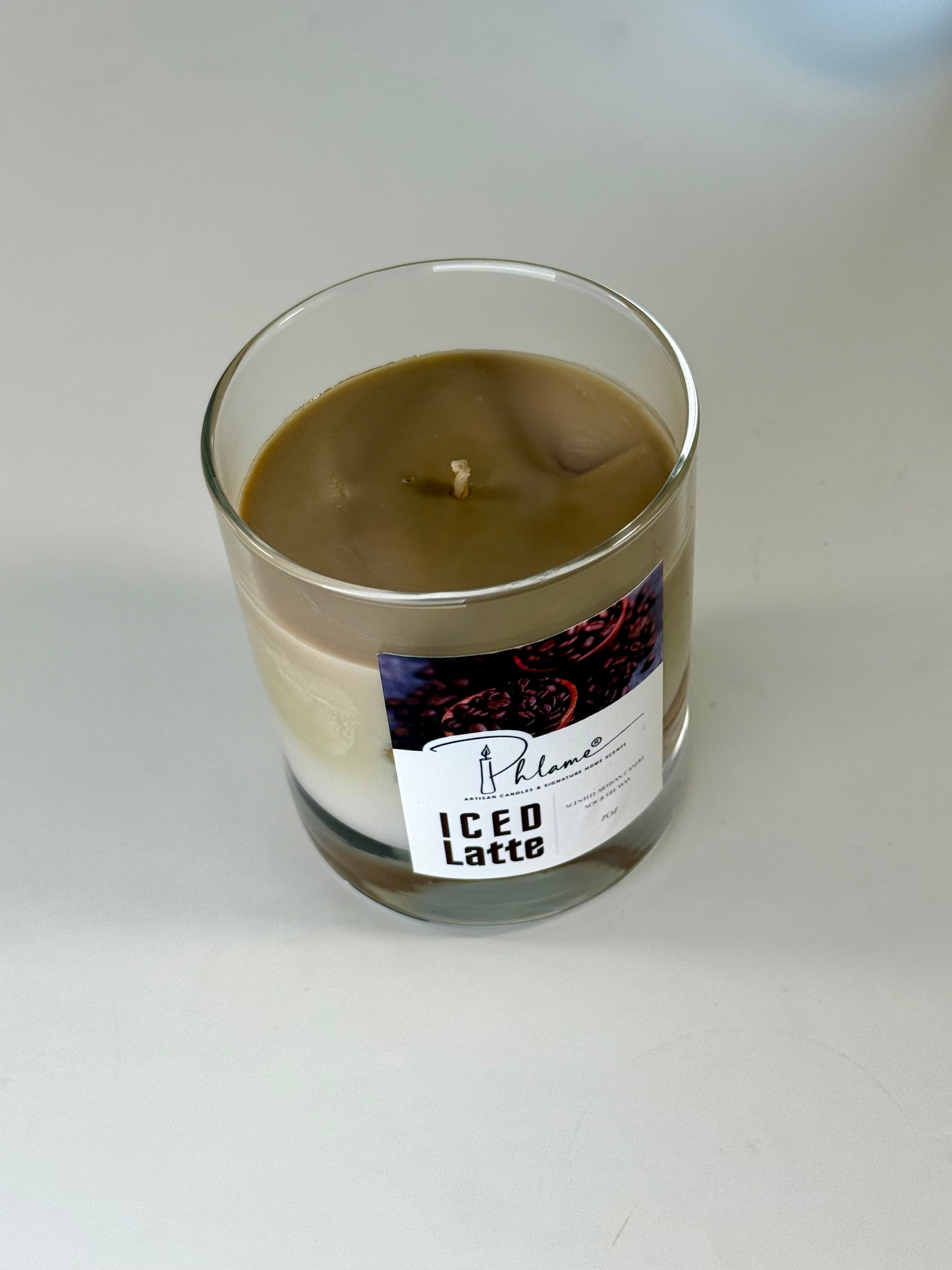Iced Latte Candle with realistic coffee layers and lid, styled for coffee shop vibe