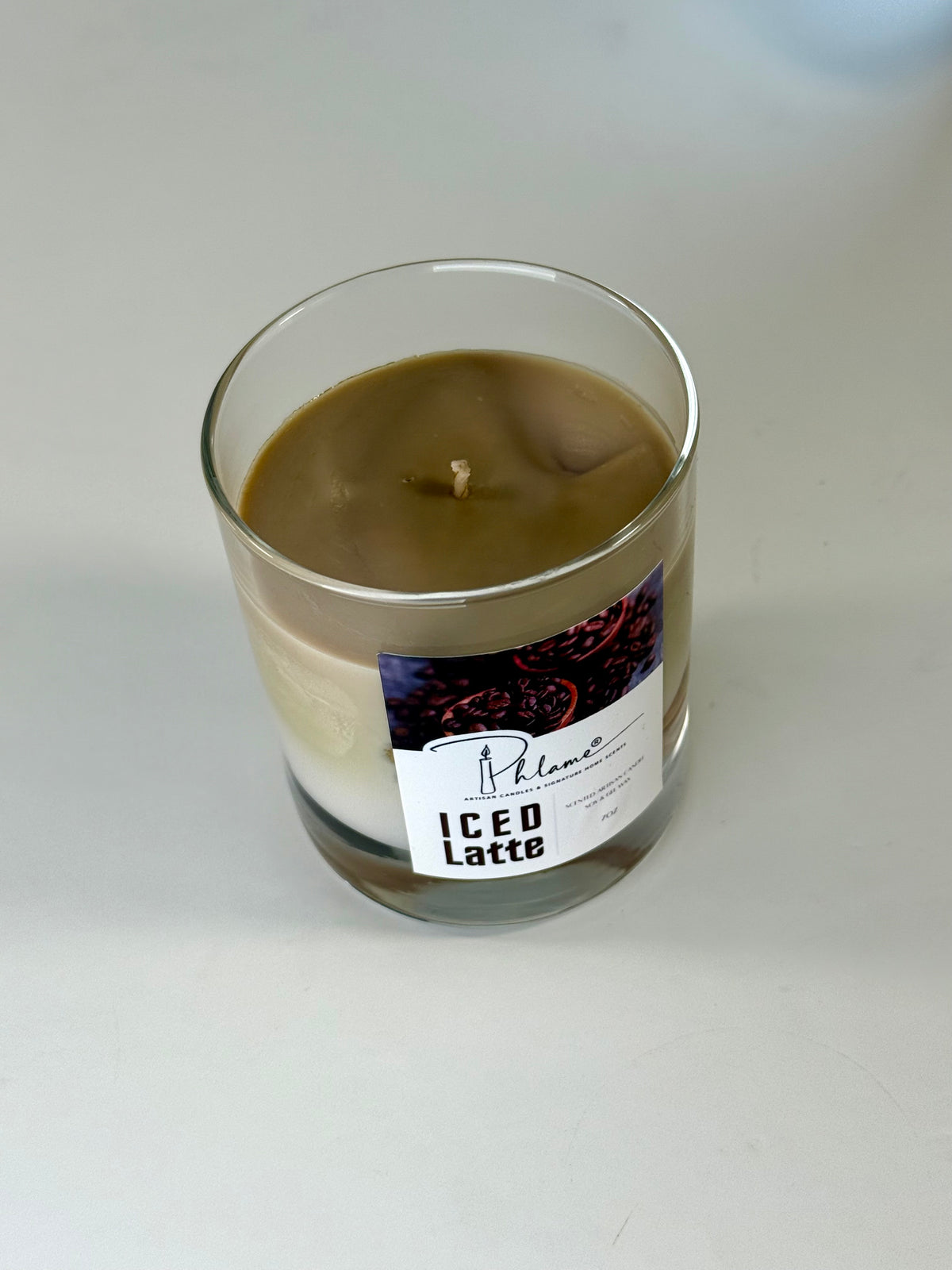 Iced Latte Candle with realistic coffee layers and lid, styled for coffee shop vibe