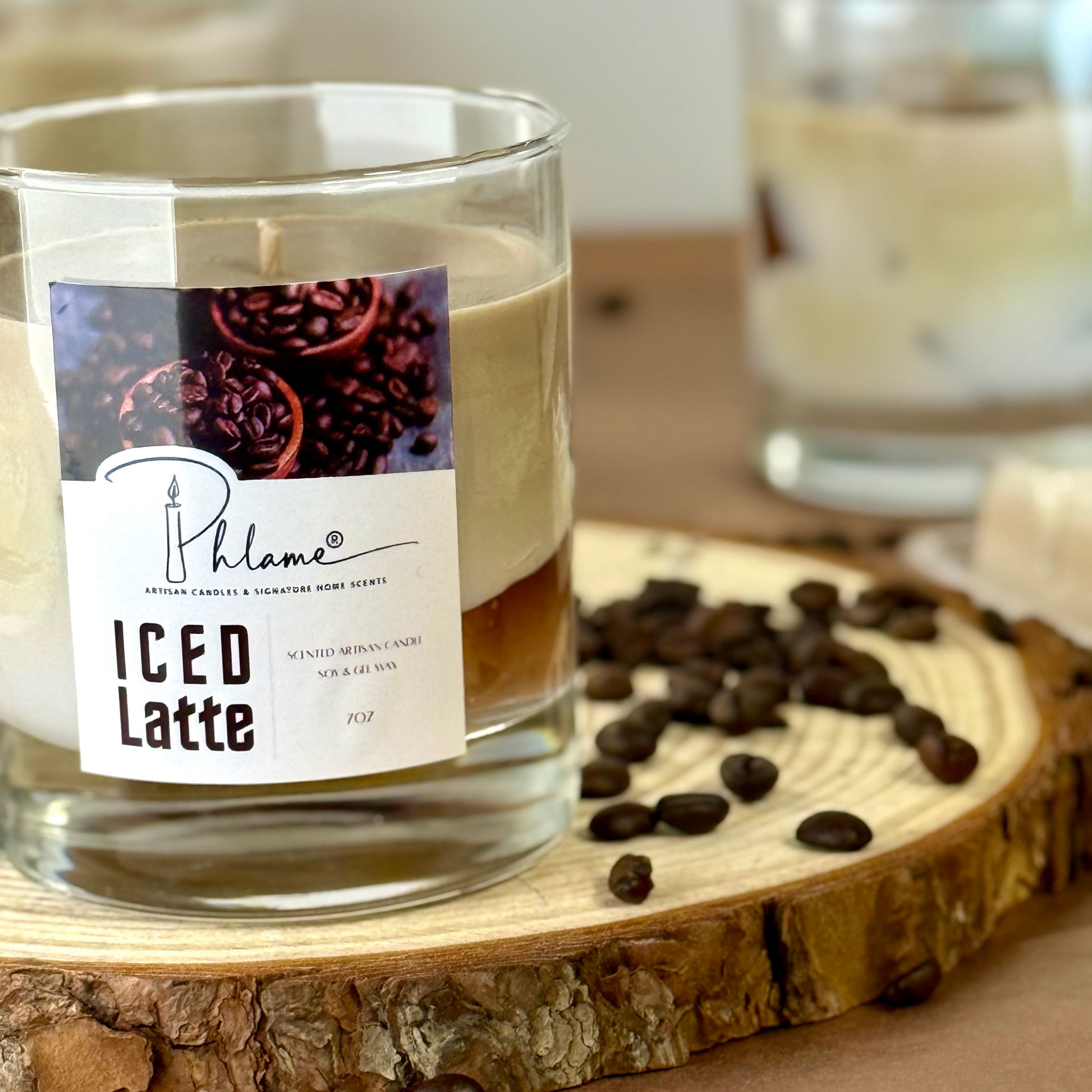 Iced Latte Candle with realistic coffee layers and lid, styled for coffee shop vibe
