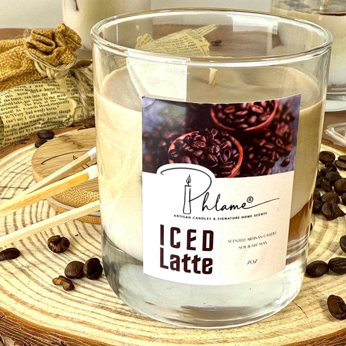 Iced Latte Candle with realistic coffee layers and lid, styled for coffee shop vibe