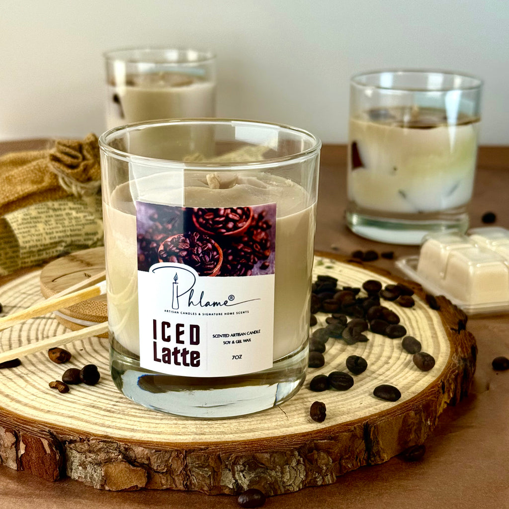 Iced Latte Candle with realistic coffee layers and lid, styled for coffee shop vibe