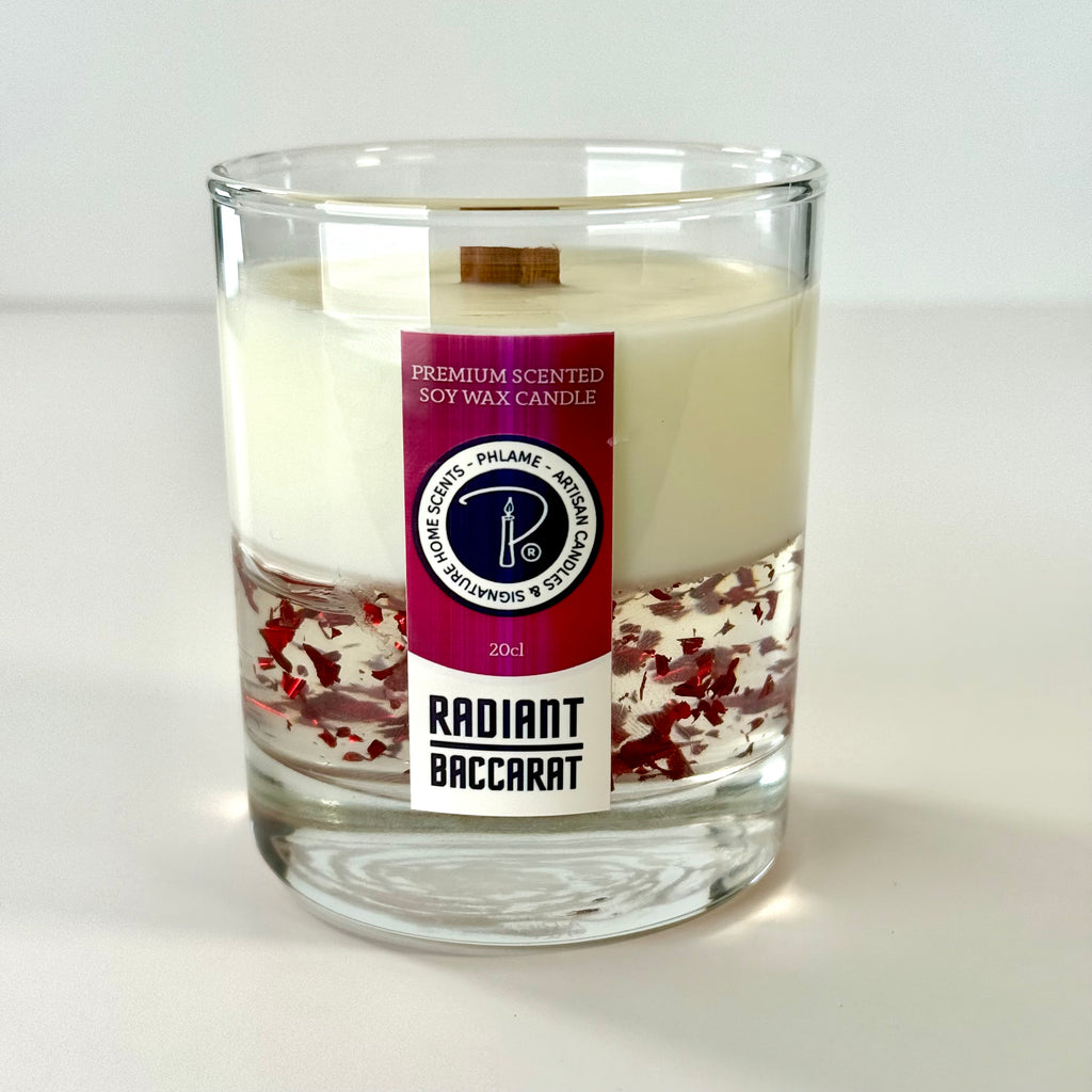 Radiant Baccarat candle with red gel wax and elegant black box, styled for luxury.