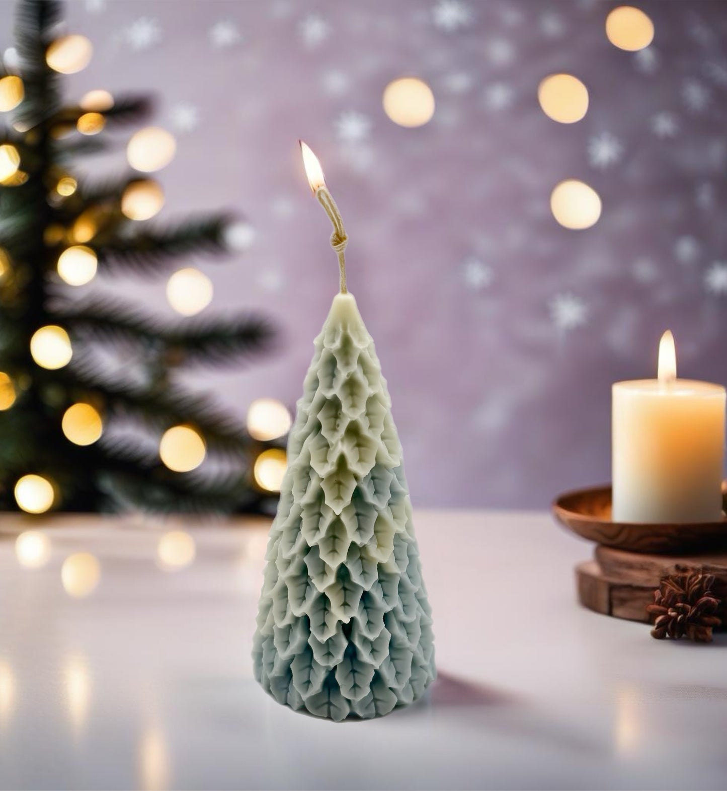 Snowy Christmas Tree Pillar Candle