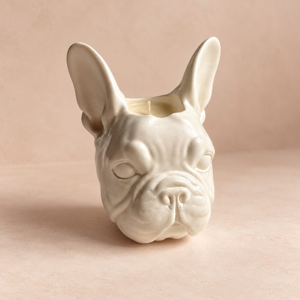 A ceramic French Bulldog head planter in a glossy off-white glaze, set against a warm beige background.