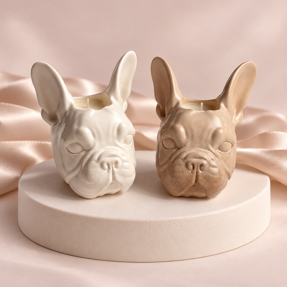 Two ceramic French bulldog-shaped candle holders in off-white and light beige, displayed side by side on a round pedestal with soft pink satin fabric in the background.