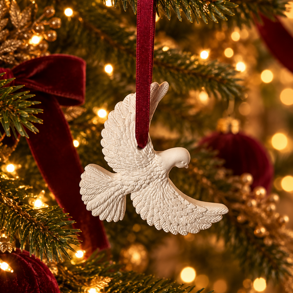 A white ceramic dove ornament hanging from a red ribbon on a decorated Christmas tree with warm lights and red velvet accents.