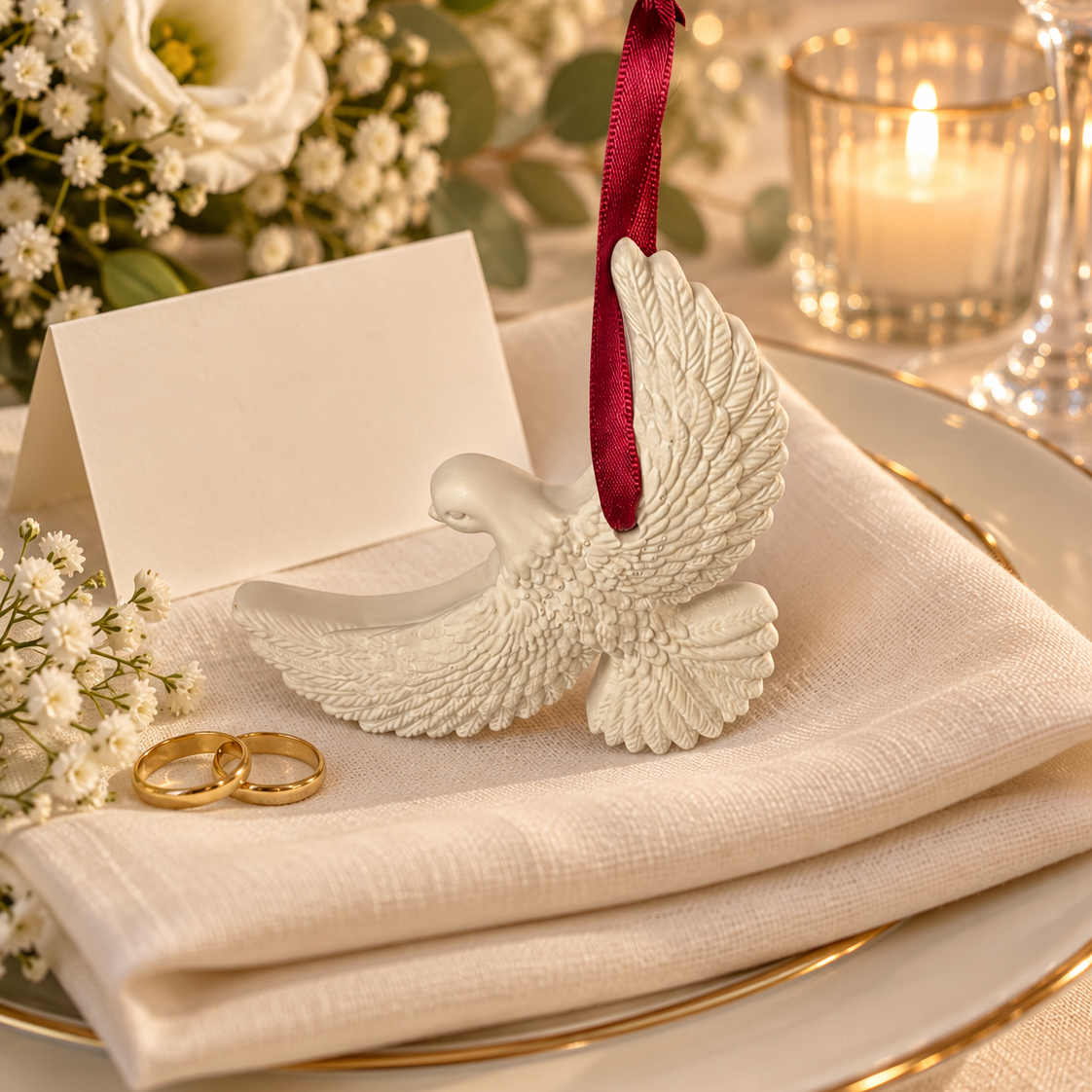 A white ceramic dove figurine with a dark red hanging ribbon, styled on a white linen napkin with a blank card, gold rings, and a gold-rimmed plate at a candlelit table setting.