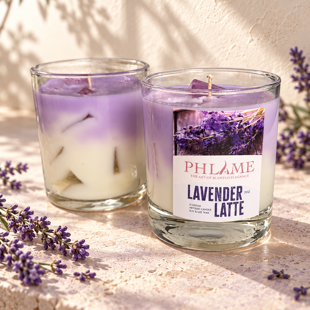 Two PHLAME candles in clear glass jars are styled on a stone surface with lavender sprigs and soft shadows. One candle is lavender and white layered, and the front jar has a visible label reading 'PHLAME' and 'LAVENDER LATTE'.