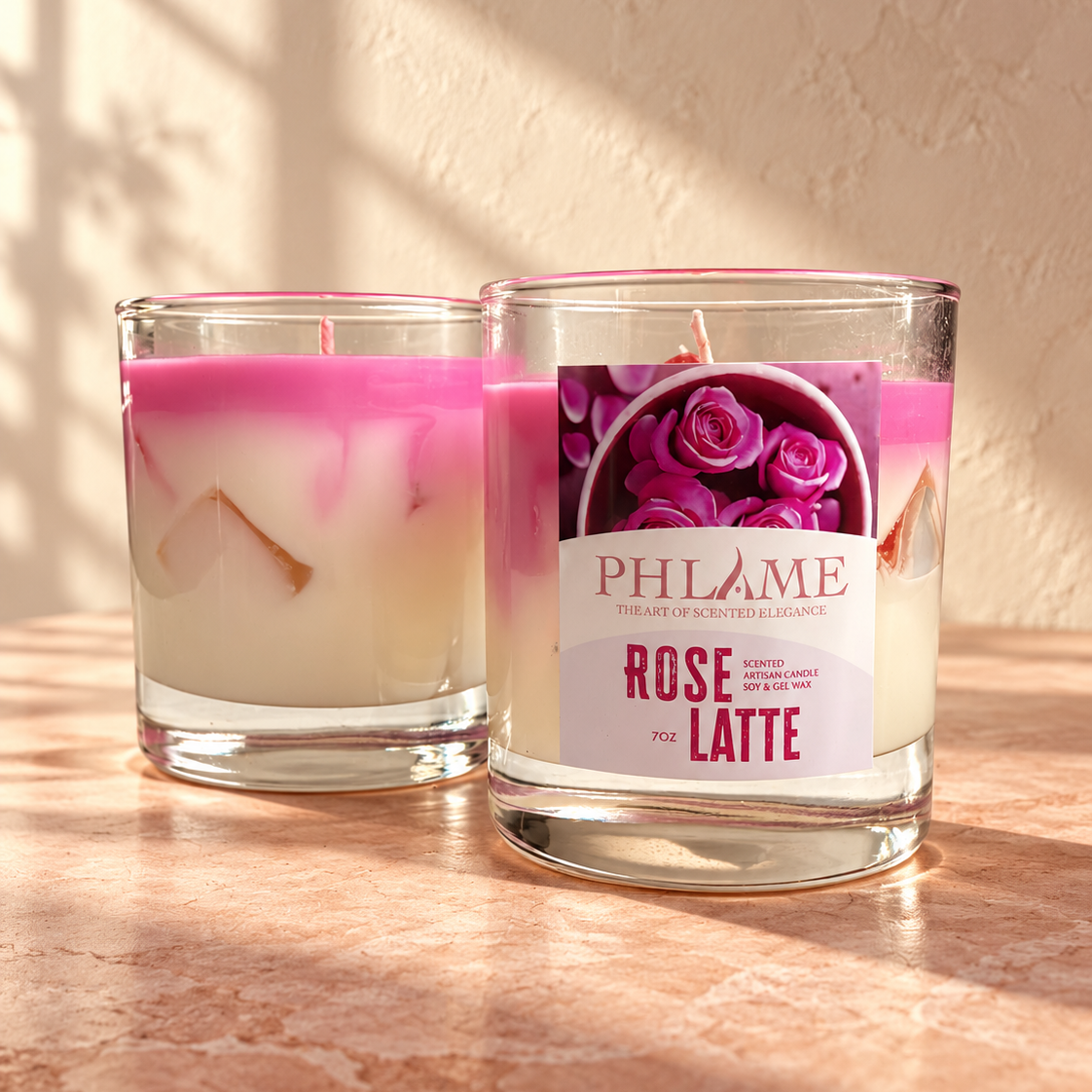 Two PHLAME candles in clear glass jars on a warm stone surface, with one candle showing a pink and white layered wax design and the other displaying a front label that reads PHLAME Rose and Latte.