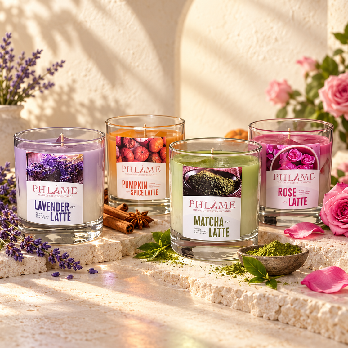 Four PHLAME scented candles in glass jars arranged on stone steps with botanical props. The candles include Lavender-Latte (purple, lavender flowers), Pumpkin Spice Latte (orange, pumpkins and cinnamon), Matcha Latte (green, matcha leaves), and Rose-Latte (pink, roses).