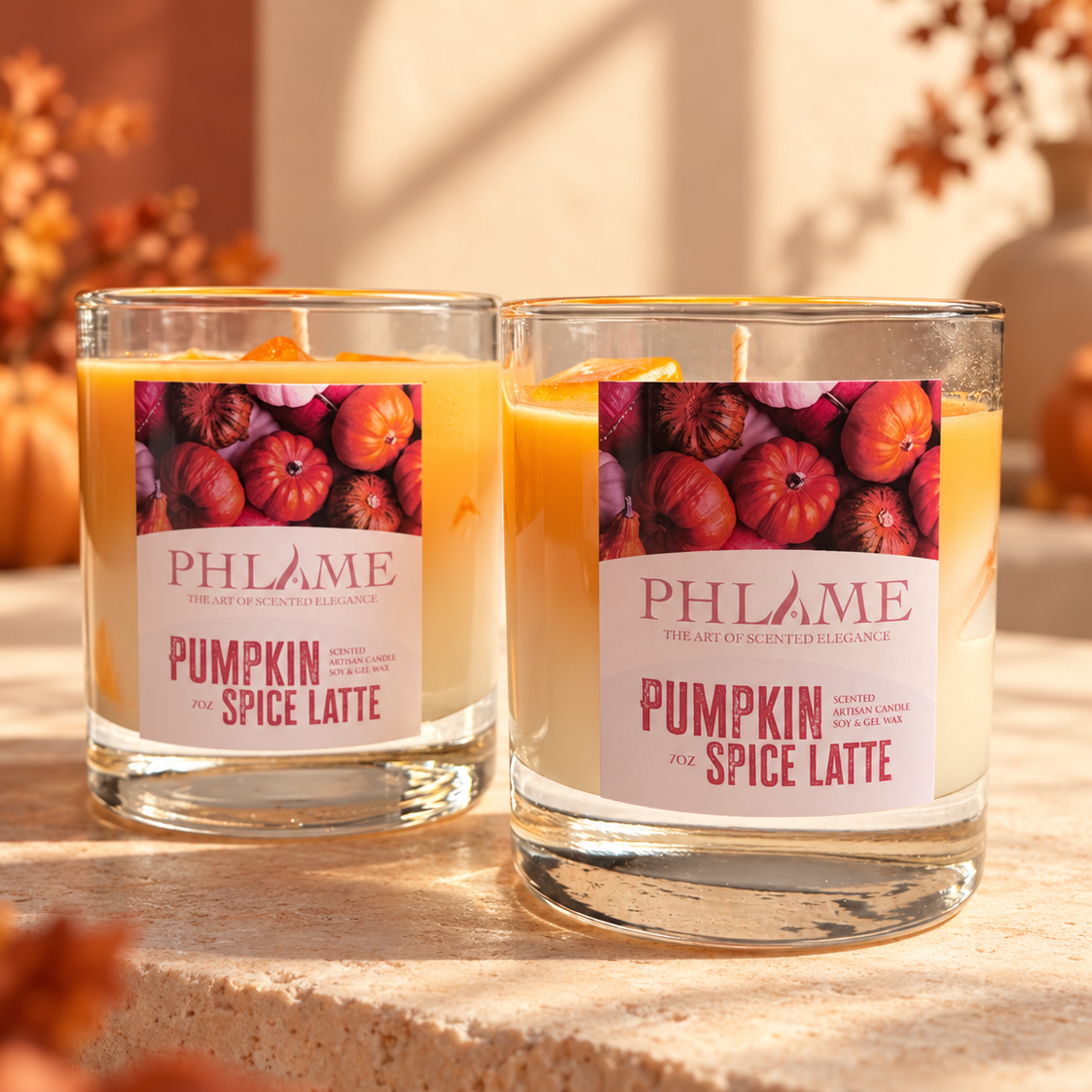 Two PHLAME candles in clear glass jars with white labels reading 'Pumpkin Spice Latte,' filled with warm orange-yellow wax, set on a stone surface with autumn leaves and warm sunlight in the background.