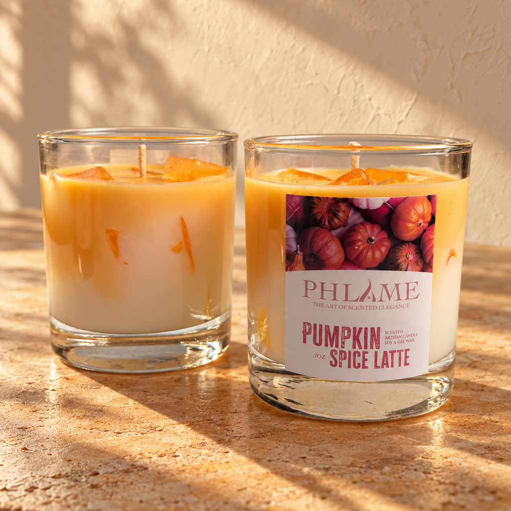 Two PHLAME candles in clear glass jars on a stone surface with warm sunlight and shadows. One candle is orange-yellow with visible orange botanical pieces, and the other has a white wax body with a front label reading 'PUMPKIN SPICE LATTE' and a fruit illustration.