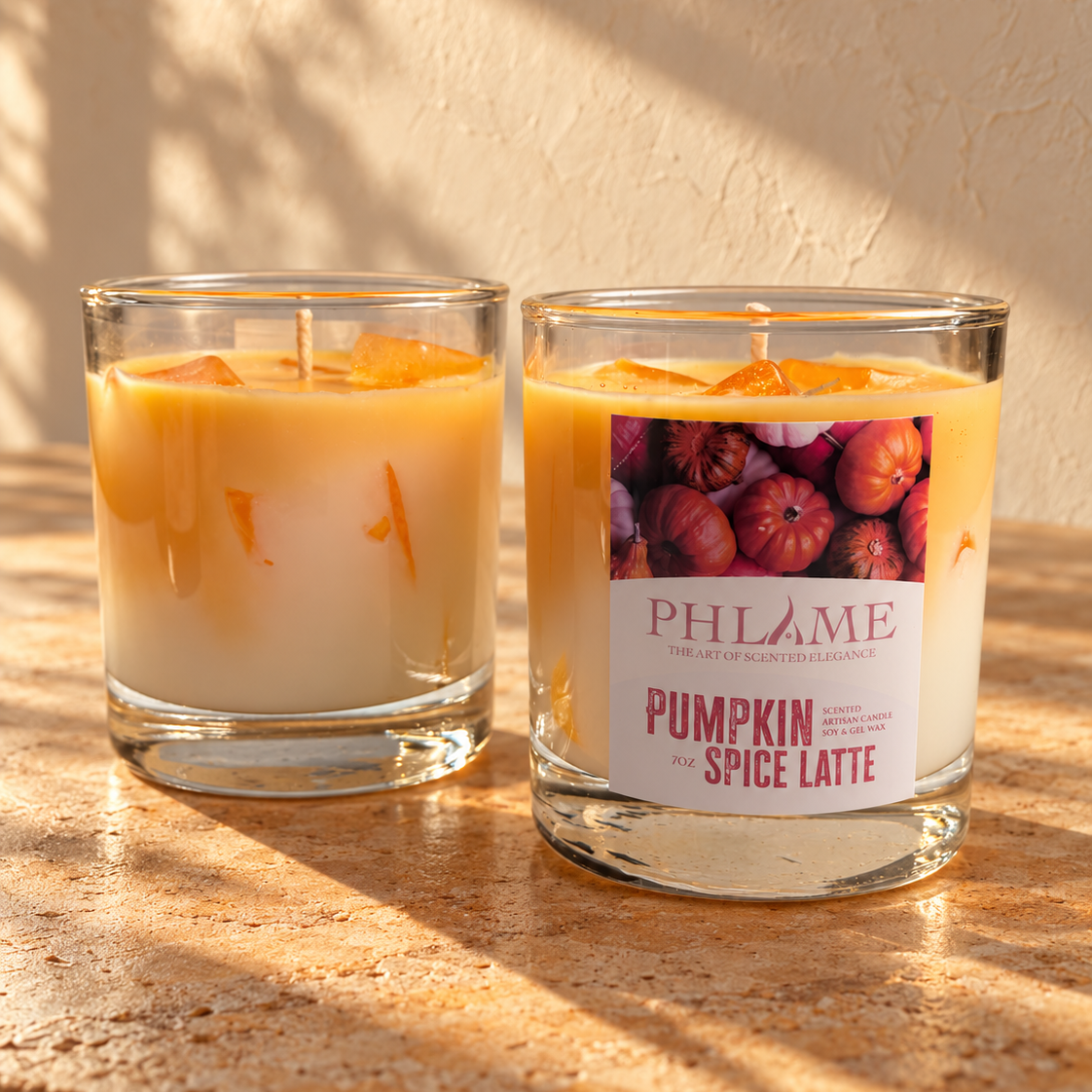 Two PHLAME candles in clear glass jars on a stone surface with warm sunlight and shadows. One candle is orange-yellow with visible orange botanical pieces, and the other has a white wax body with a front label reading 'PUMPKIN SPICE LATTE' and a fruit illustration.
