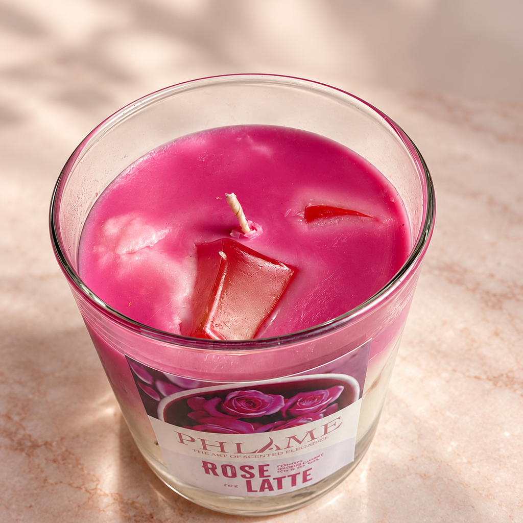 A PHILAME Rose Latte scented candle in a clear glass jar, filled with vibrant magenta pink wax and featuring a wax seal on top, set on a light beige marble surface.