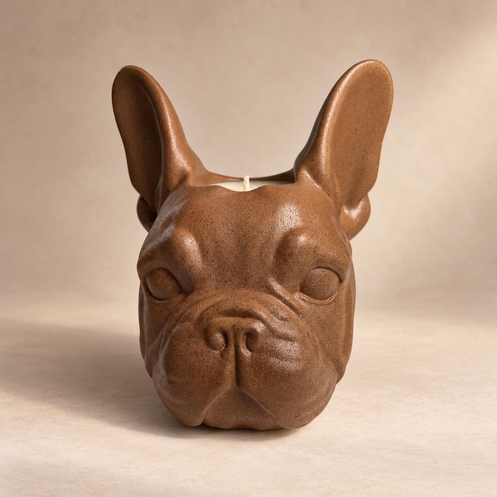 A brown ceramic French Bulldog head candle holder with a small white candle inserted on its forehead, set against a neutral beige background.