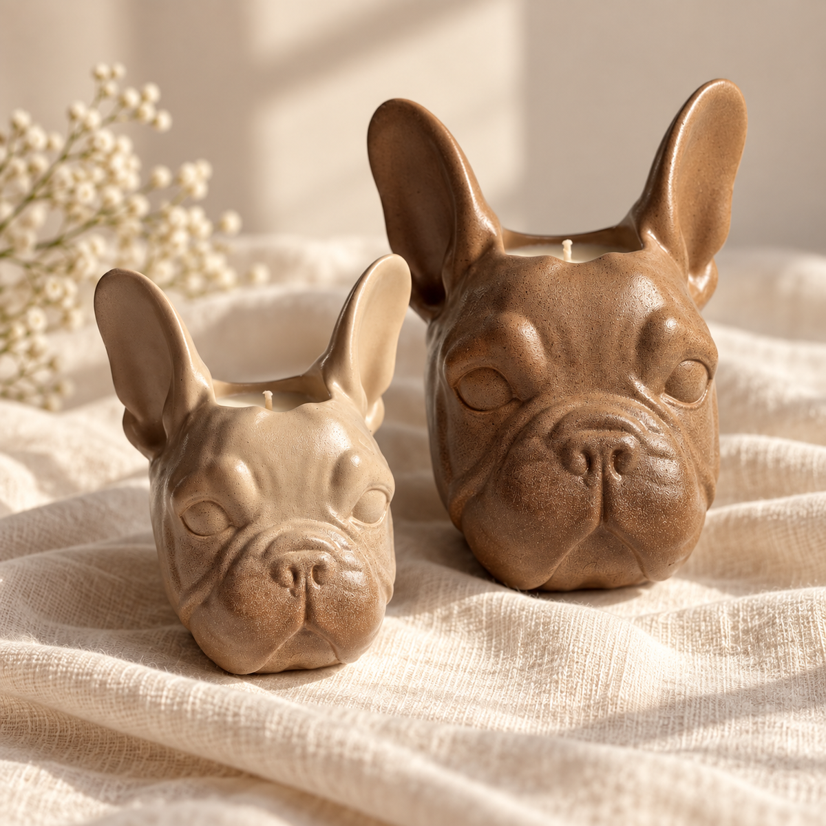 Two ceramic French bulldog-shaped candle holders in warm beige and medium brown tones, resting on a textured cream linen cloth with dried flowers in the background.