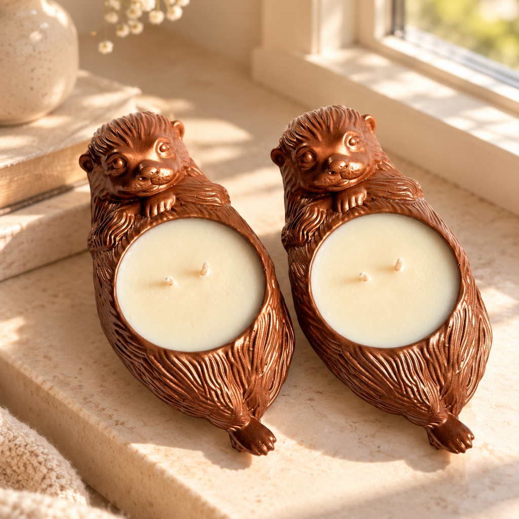 Two bronze otter-shaped candle holders with textured fur-like detailing, each holding a round cream candle, placed on a sunlit windowsill with flowers and a vase in the background.