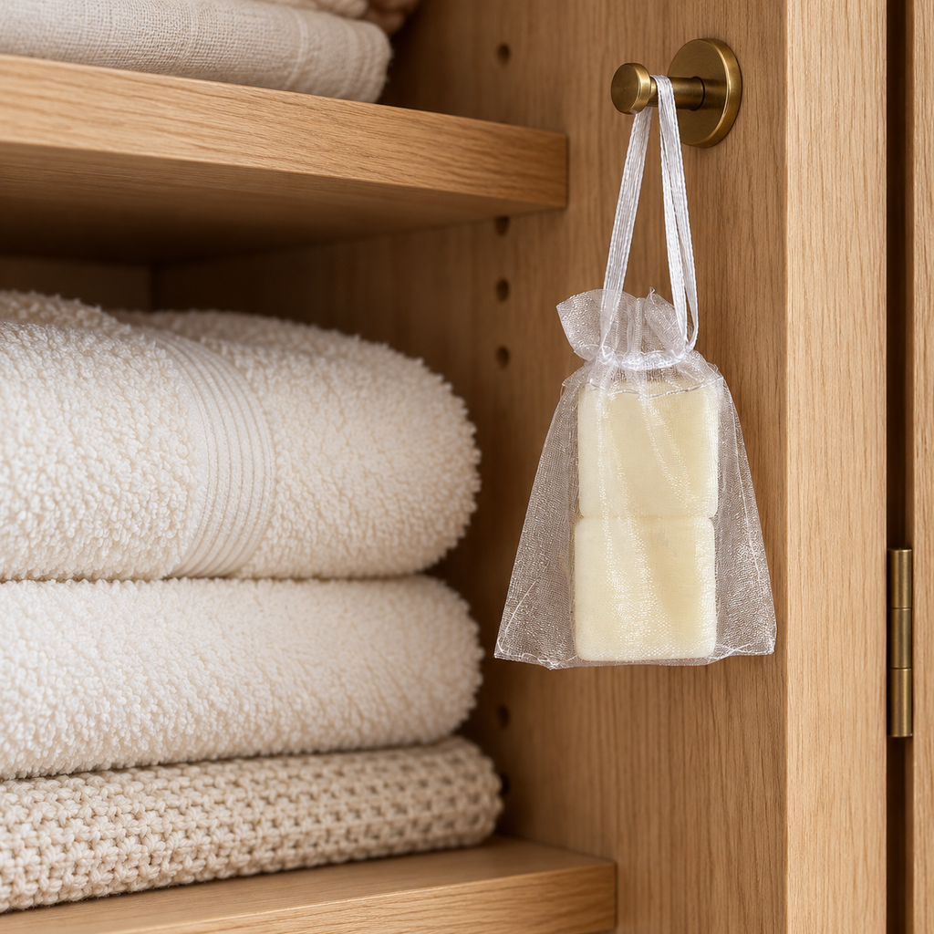 A small white drawstring pouch containing olive wax sachets, hanging from a brass hook on a wooden closet door next to folded towels.