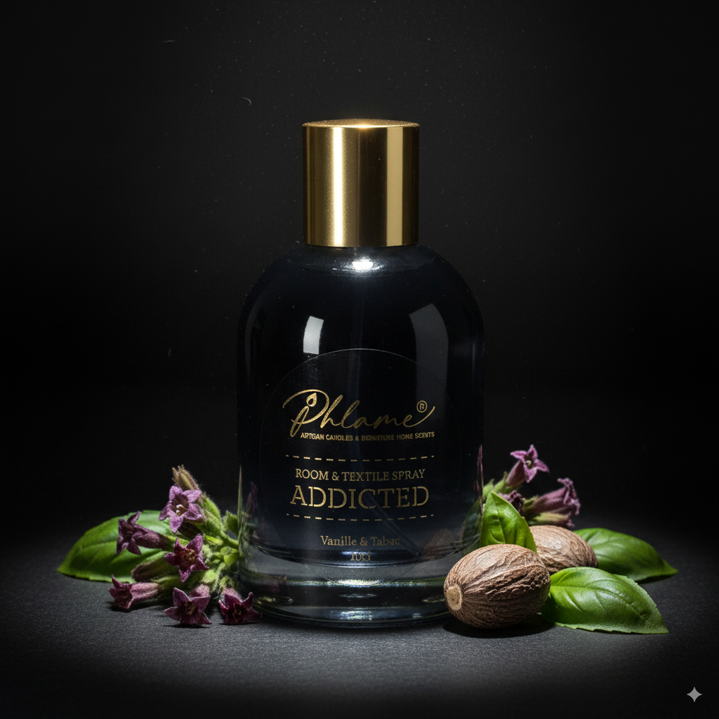 Black room and textile spray bottle labeled 'Addicted' with gold cap, surrounded by leaves and flowers on a dark background.