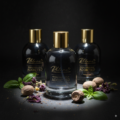 Phlame Addicted spray, deep and elegant home fragrance, handmade in UK.