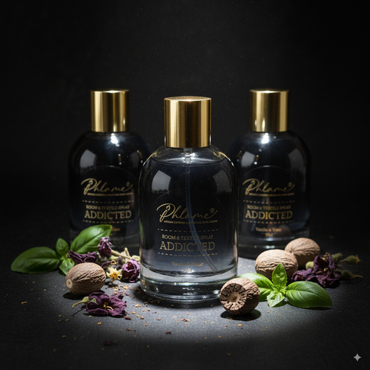 Phlame Addicted spray, deep and elegant home fragrance, handmade in UK.