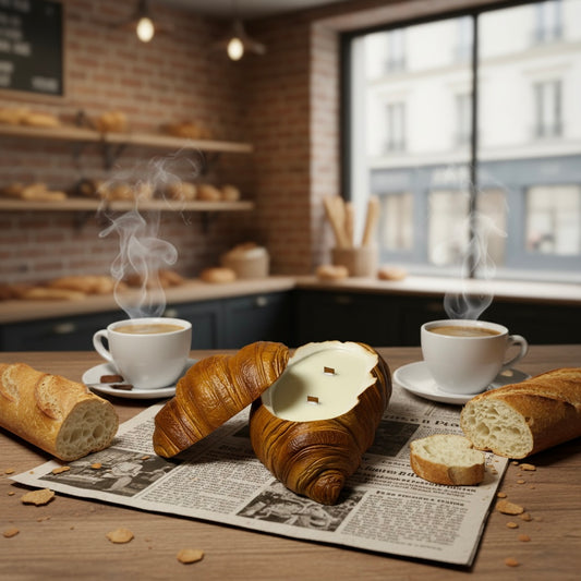 Rustic croissant candle styled for festive table décor, artisan soy wax with seasonal aroma.