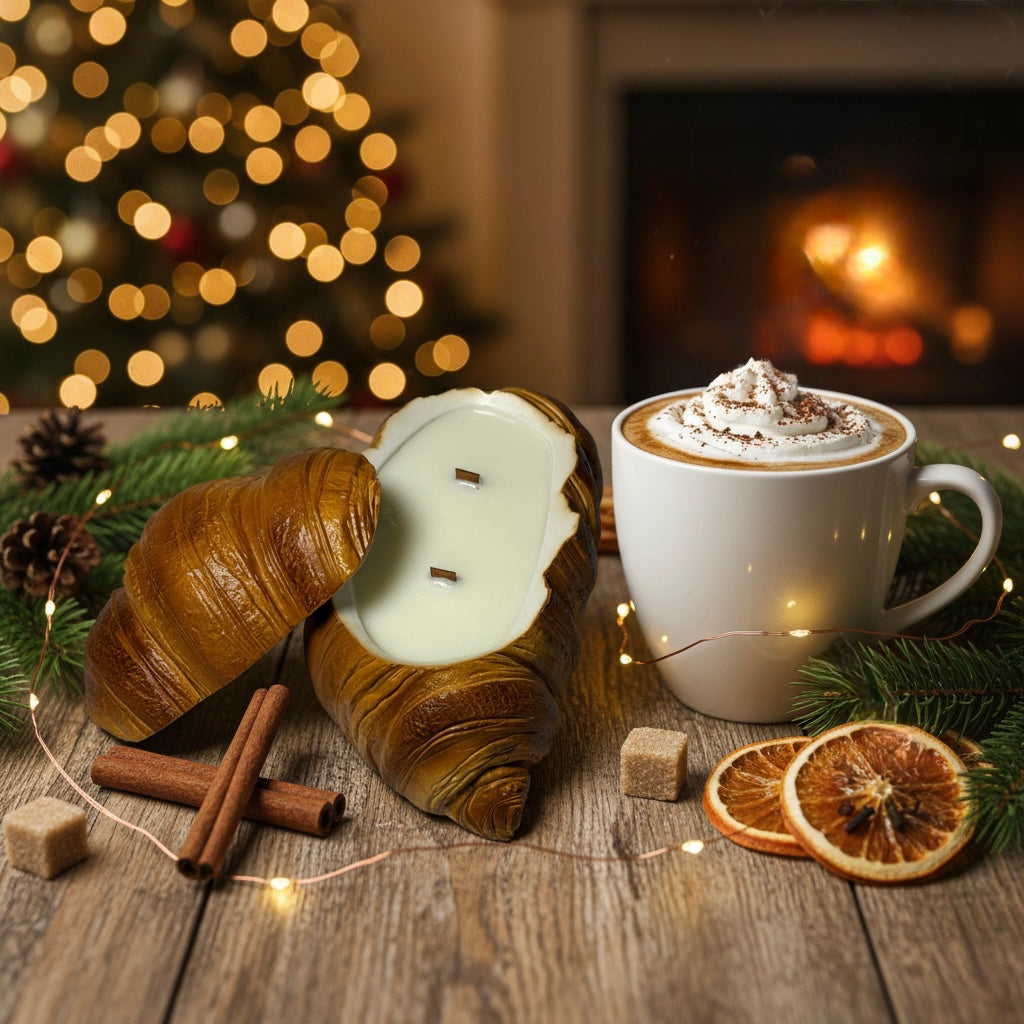 Unique croissant candle with Christmas Cappuccino scent, eco soy wax, perfect gift idea.