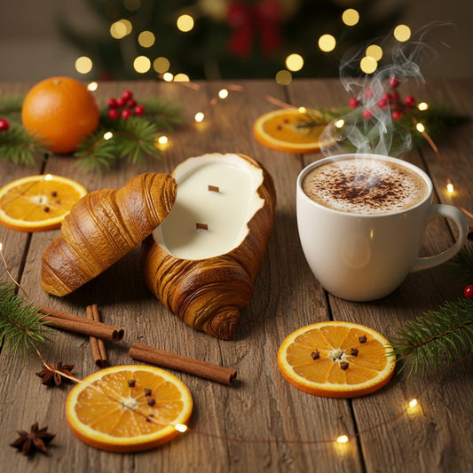 Handcrafted croissant-shaped candle in soy wax, Christmas Cappuccino fragrance with coffee and cocoa notes.
