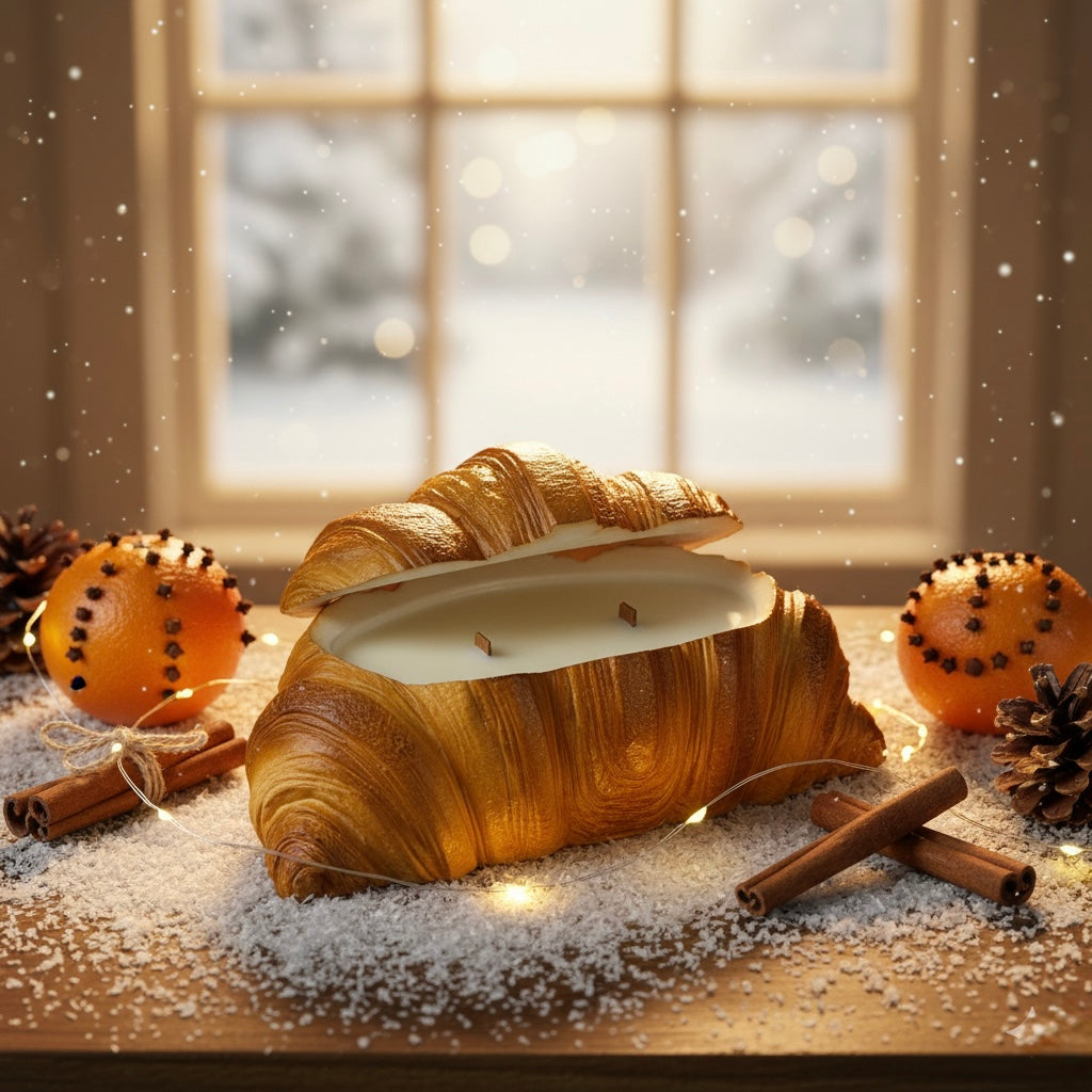 Rustic croissant candle styled for festive table décor, artisan soy wax with seasonal aroma.