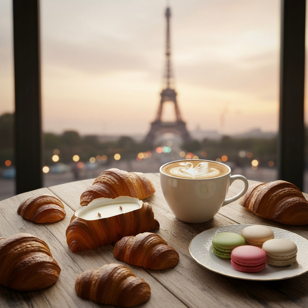 Handcrafted croissant-shaped candle in soy wax, Christmas Cappuccino fragrance with coffee and cocoa notes.  Tower on the background 