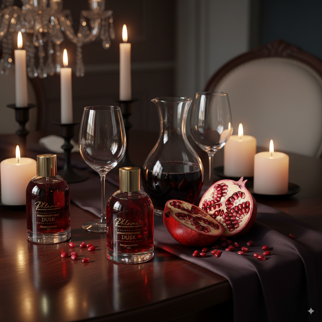 Luxury handcrafted room spray with pomegranate and lily fragrance.