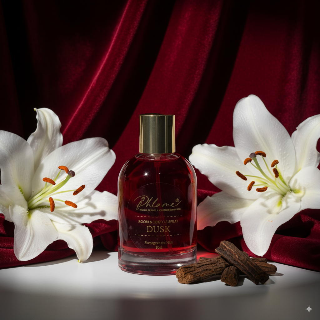 Phlame Dusk spray with fruity floral notes and smoky guaiacwood.