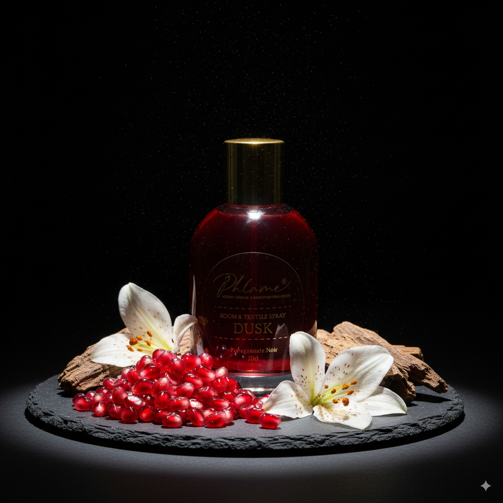 Bottle of 'Dusk' room and textile spray with pomegranate seeds and flowers on a dark background