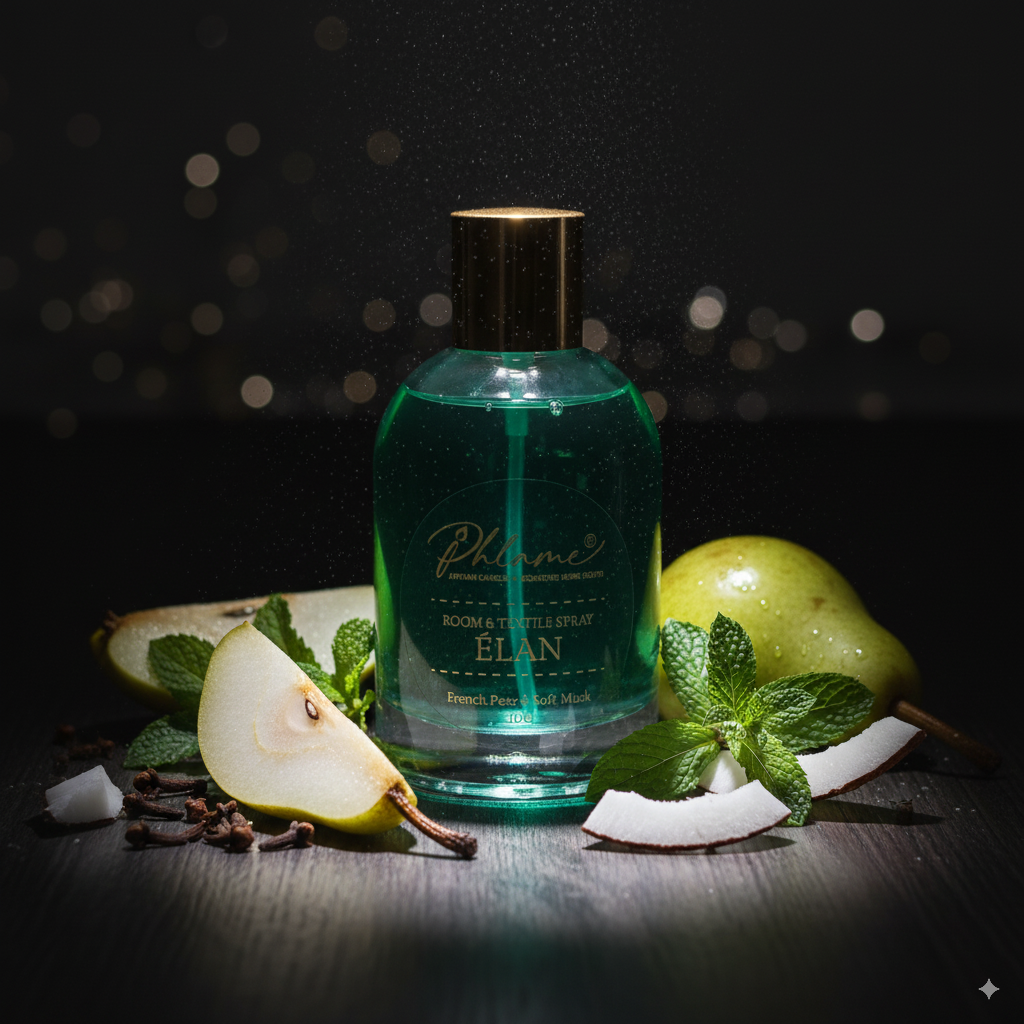 Phlame room and textile spray, premium fruity fragrance for home and car.