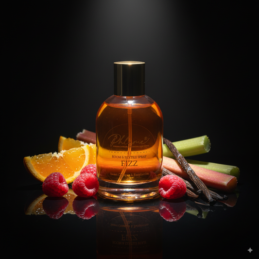Handcrafted fruity room spray with orange, lemon, and raspberry fragrance.