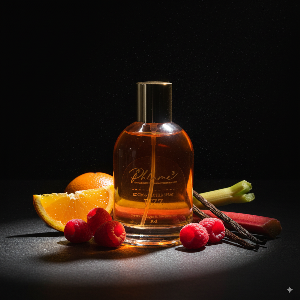 Bottle of room and textile spray with fruits and vanilla beans on a dark background