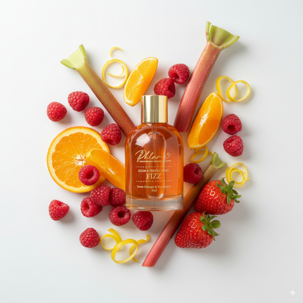 Phlame Fizz spray with citrus and berry notes, artisan home scent.