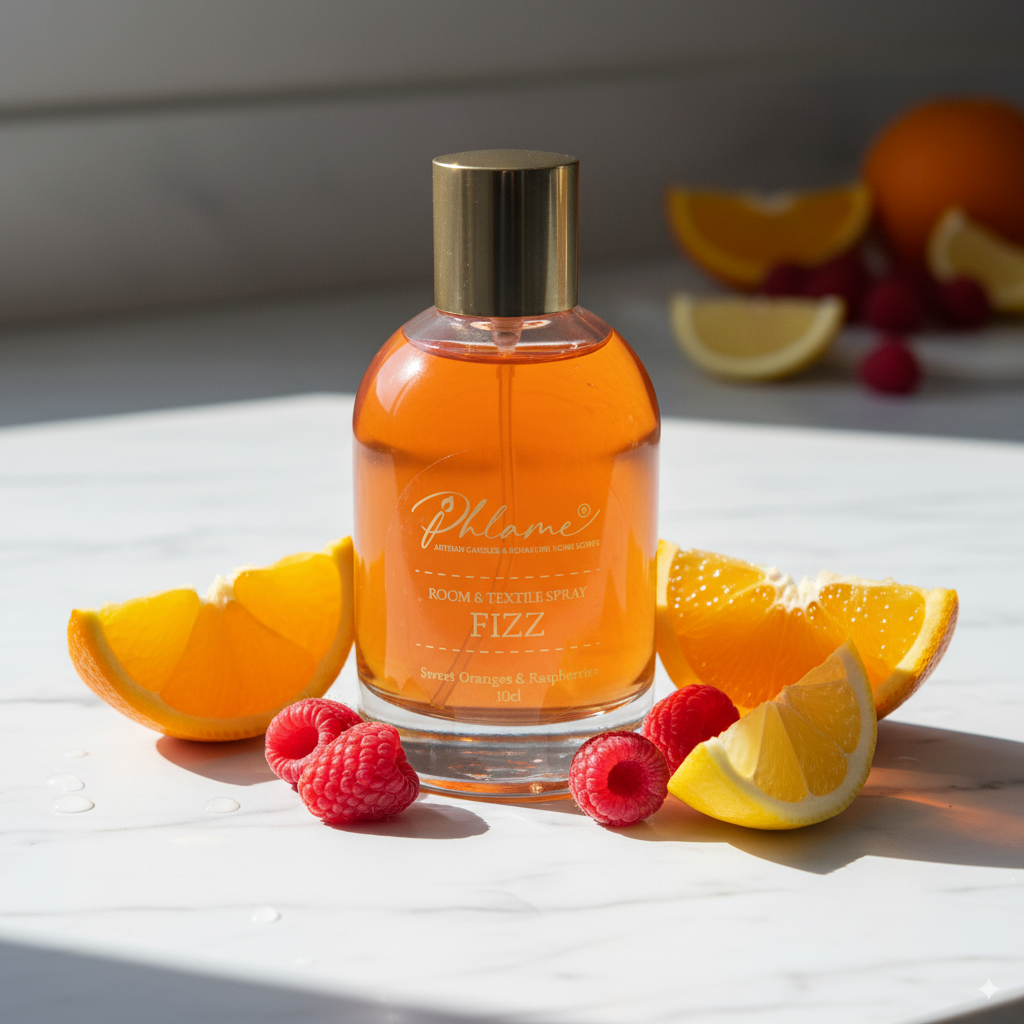 Fizz Sweet Oranges & Raspberries room and textile spray in elegant black and gold bottle.