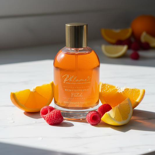 Fizz Sweet Oranges & Raspberries room and textile spray in elegant black and gold bottle.