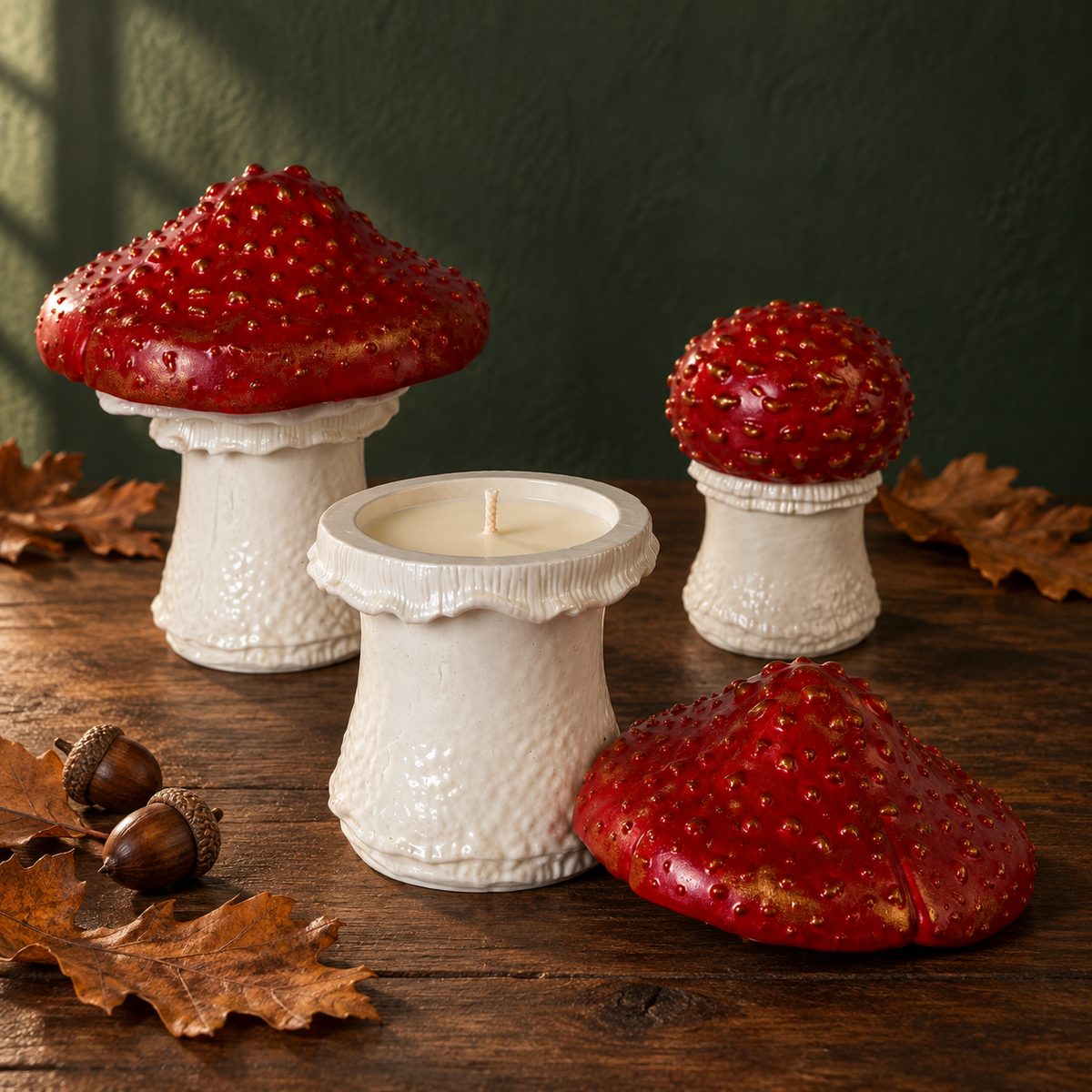 Three red strawberry-shaped candle holders with textured white bases arranged on a rustic wooden table with autumn leaves and acorns, against a dark green wall.