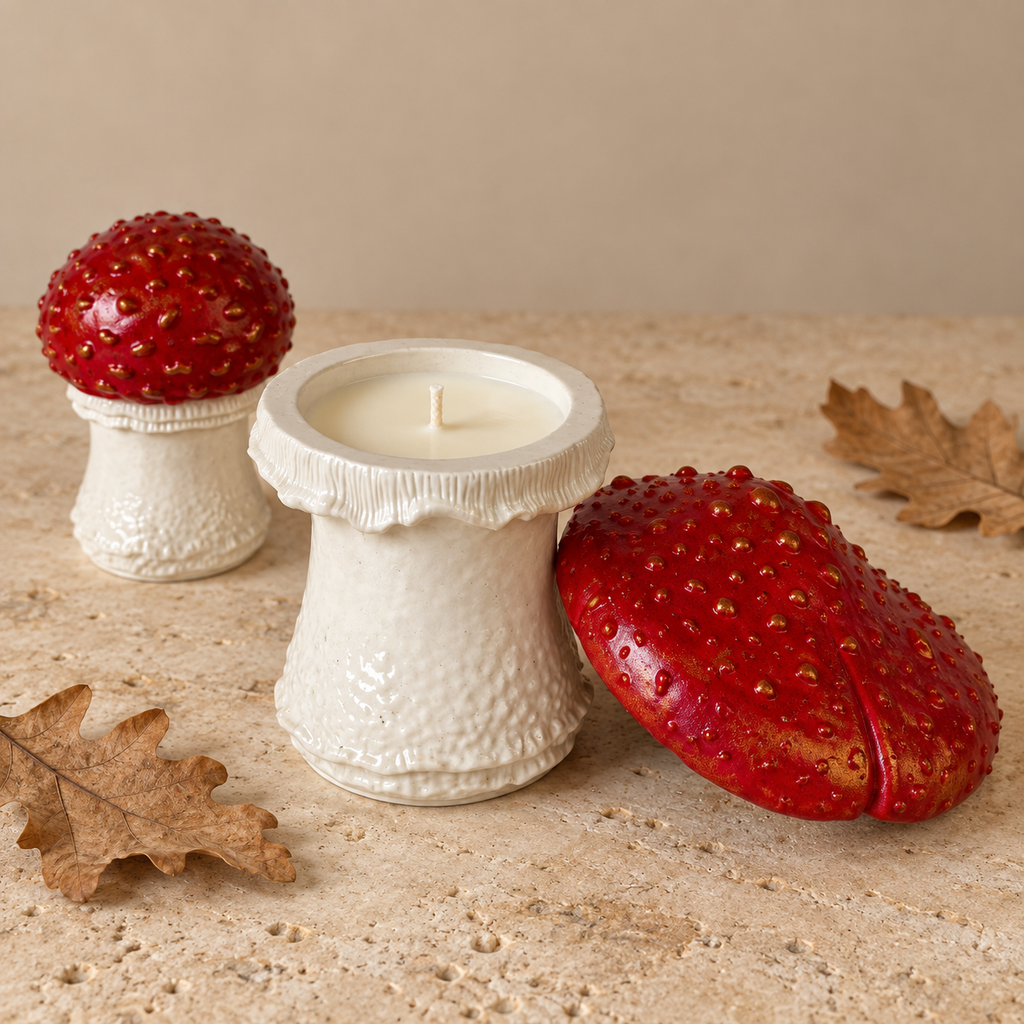 A ceramic candle holder shaped like a mushroom with a red textured cap and white textured stem, shown with a white wax candle in the center and another matching candle holder in the background, styled with dried oak leaves on a beige stone surface.