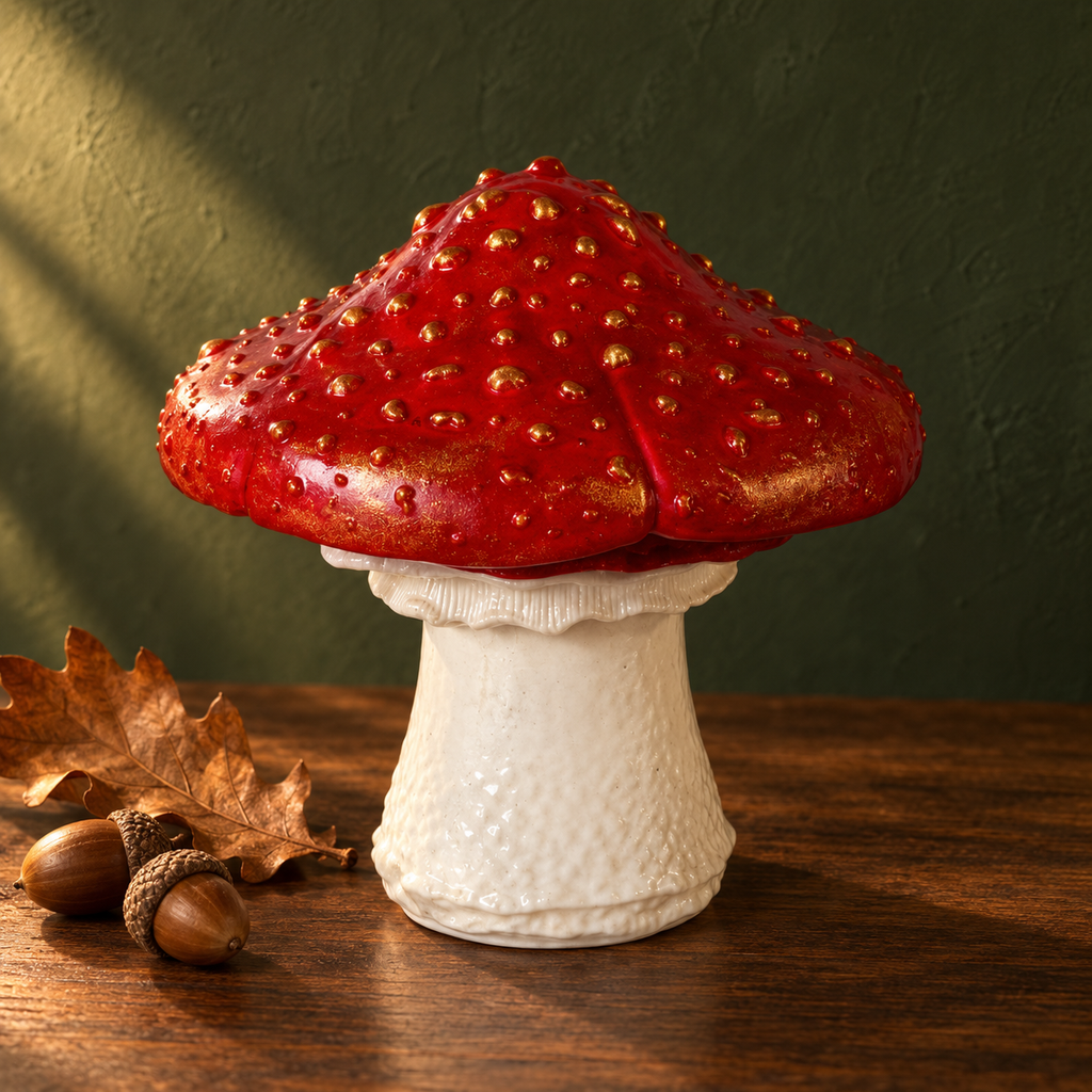 A decorative red and gold toadpole-shaped sculpture or ornament displayed on a white textured pedestal base, set on a wooden surface with a dried leaf and acorns against a dark olive wall.