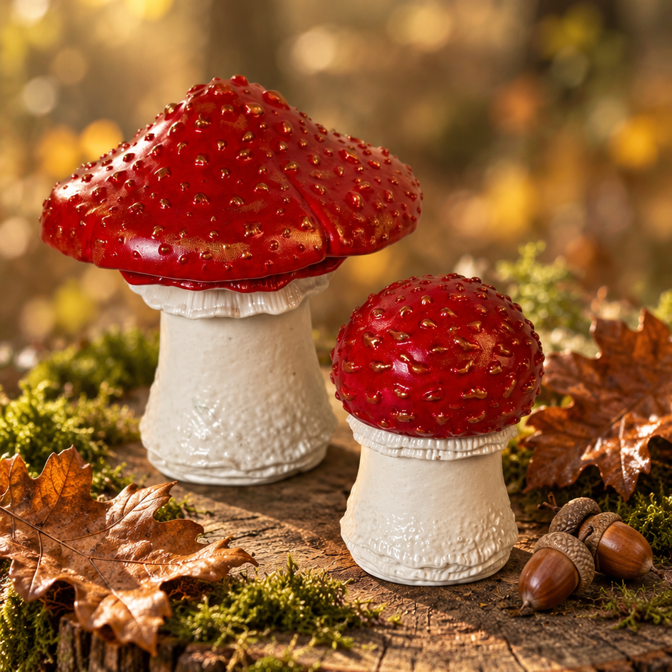 Two decorative red-and-white mushroom figurines placed on a mossy tree stump with scattered autumn leaves and acorns, set against a softly blurred forest background.