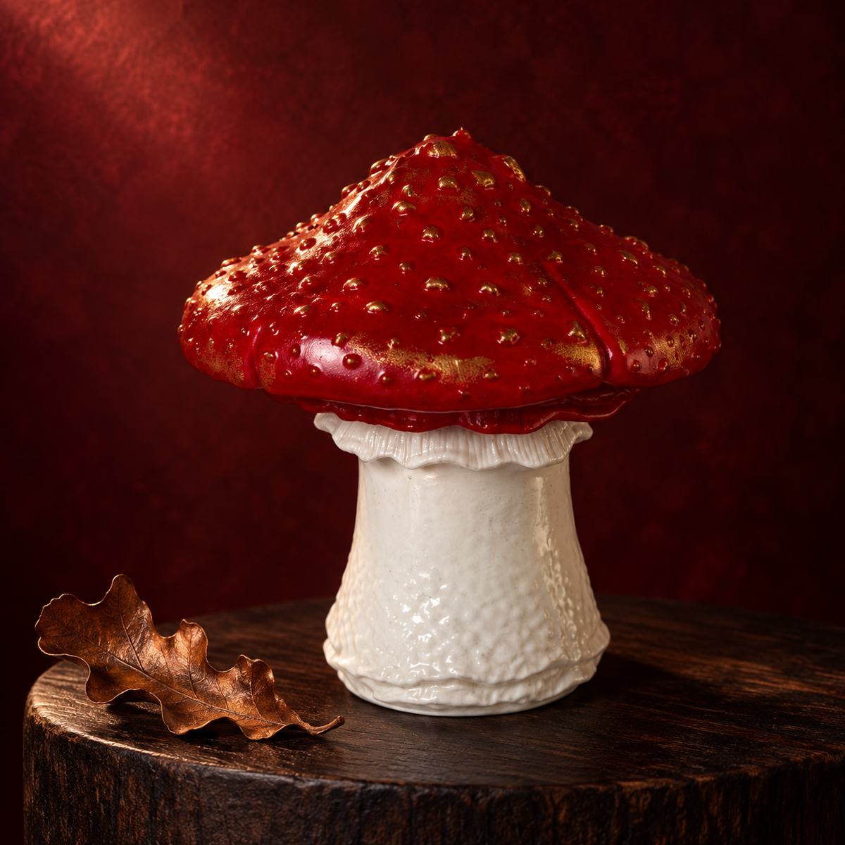 A decorative mushroom-shaped object with a glossy red cap dotted with small gold spots and a textured white base, displayed on a dark wooden pedestal against a deep red background.